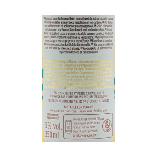 MALIBU Combinado de ron blanco caribeño con un toque de coco y piña (Piña colada) lata 25 cl.