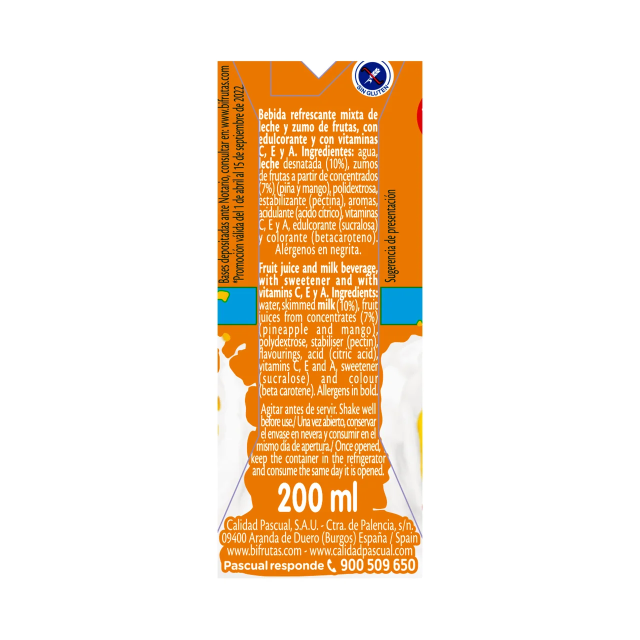 Leche con zumo de frutas tropicales sin azúcares añadidos y con vitaminas A, C y E 6 x 200 ml.