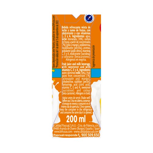BIFRUTAS Leche con zumo de frutas tropicales, sin azúcares añadidos 6 x 200 ml.