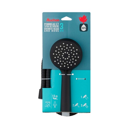 Set de alcachofa y flexo de ducha 1,5m con 3 funciones ahorro agua, AUCHAN