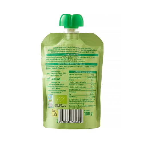 PRODUCTO ALCAMPO Pouch de 3 frutas con avena baby bio 100 g.