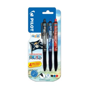 Imagen de 3 bolígrafos PILOT Frixion Plus en color azul, negro y rojo One Piece. 