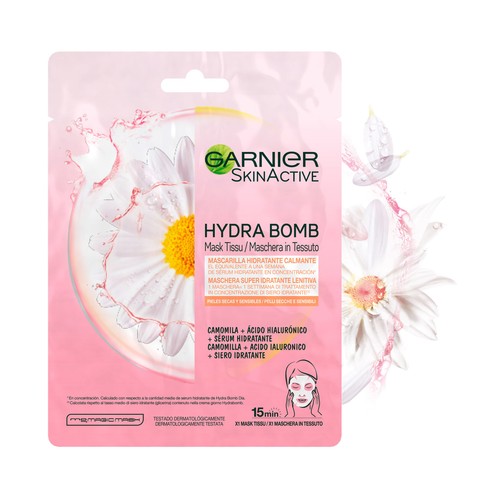 GARNIER Skin Active Mascarilla de tela Hydra Bomb, hidratante y calmante con ácido Hyalurónico y manzanilla.