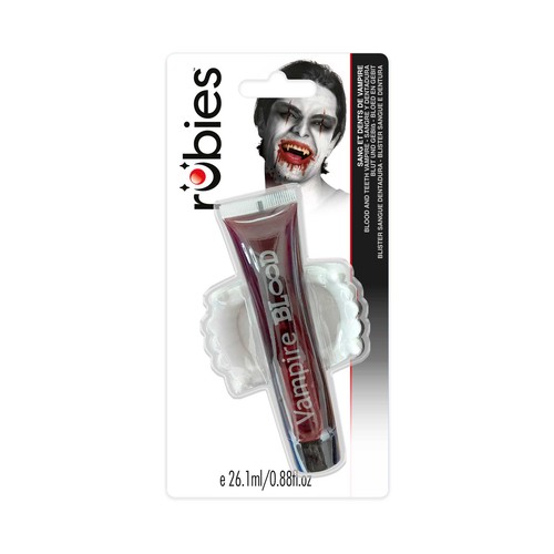 Blíster 2 artículos cosmético, sangre y dentadura de disfraz. RUBIES