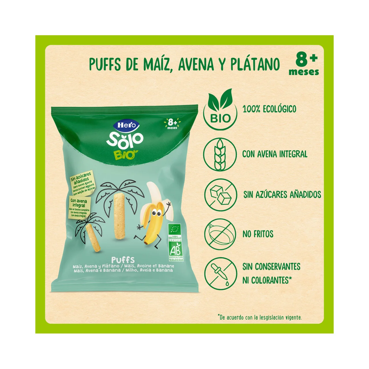 HERO Solo bio Snacks infantiles de maiz, avena y plátano ecológicos, a partir de 8 meses 25 g.
