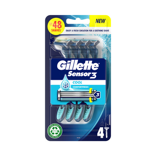GILLETTE Maquinilla de afeitar desechable con cabezal pivotante de 3 hojas GILLETTE Sensor 3 cool 4 uds.