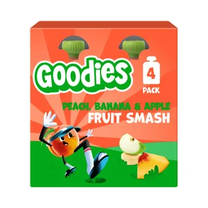 GOODIES Bolsita (pouch) de fruta (melocotón, manzana y plátano), a partir de 9 meses 4 x 100 g.