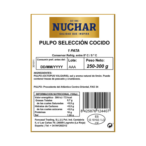 NUCHAR Pulpo selección cocido, pata NUCHAR 250-300 g.