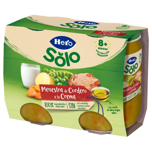 HERO Solo Tarrito de menestra de cordero a la crema (textura con trocitos), a partir de 8 meses 2 x 190 g.