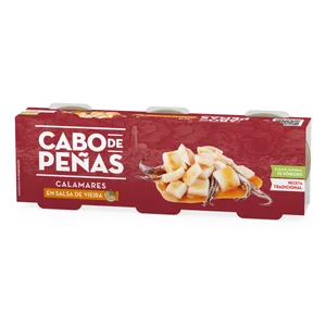 CABO DE PEÑAS Calamares en salsa de vieira en trozos lata de 45 g. pack de 3 uds.