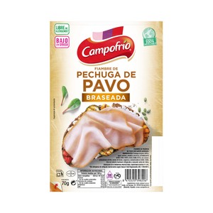 Imagen de CAMPOFRÍO Fiambre de pechuga de pavo con sabor ahumado, cortada en lonchas 70 g.