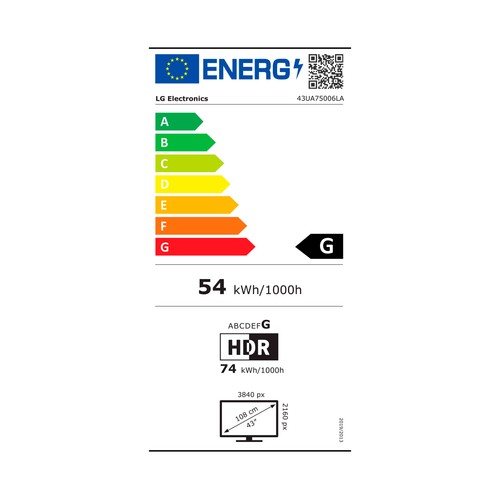 Televisión 109,2cm (43"") LED LG 43UA75006 2025, 4K, WEBOS, Dolby Digital Plus, 3HDMI, 60Hz