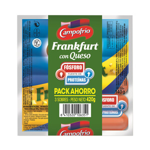 Imagen de CAMPOFRÍO Salchichas cocidas tipo Frankfurt de pollo, pavo y cerdo con queso CAMPOFRIO 3 x 140 g.