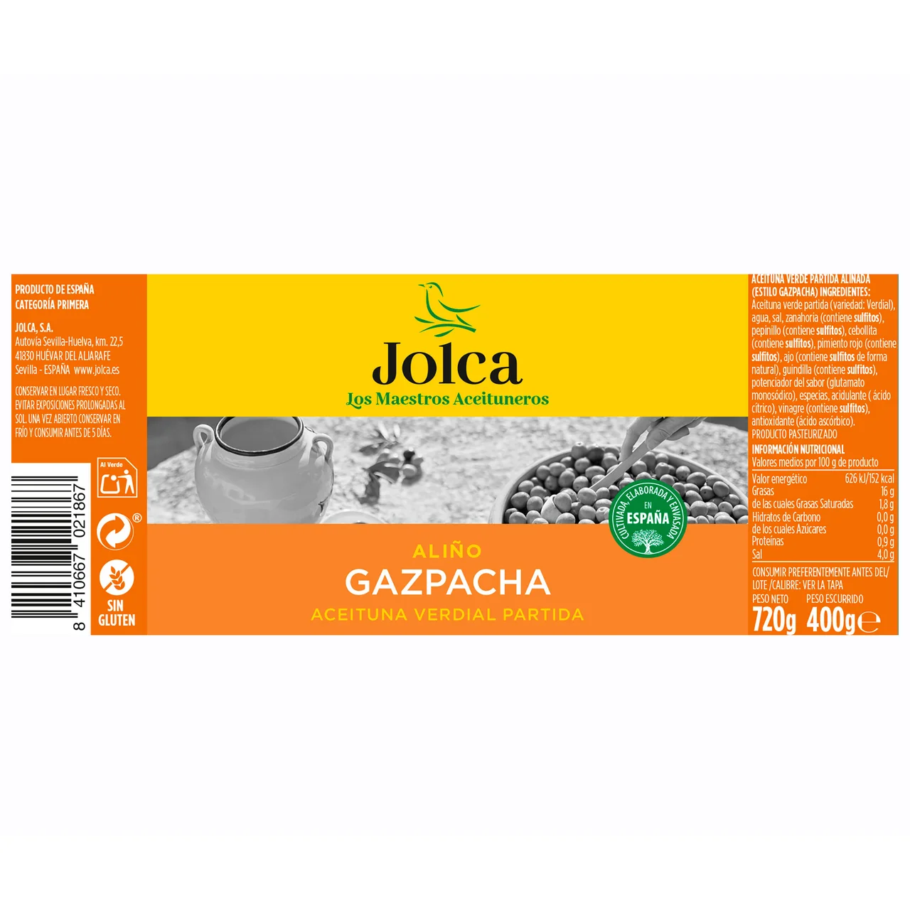 Aceituna verde Verdial partida, gazpacha 835 g.
