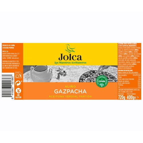 JOLCA Aceituna verde Verdial partida, gazpacha 835 g.