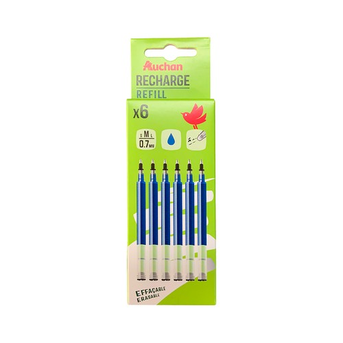 6 Recambios de bolígrafo gel borrable, tinta azul, ALCAMPO.