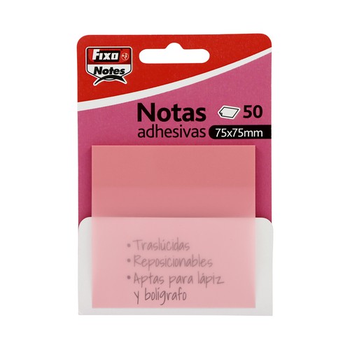 Notas adhesivas de 75x75mm, 50uds, color rosa, FIXO.