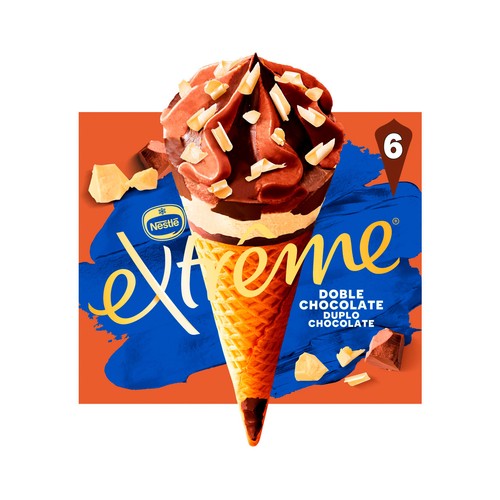 EXTRÈME Cono de helado de chocolate blanco, con leche y negro, con virutas de chocolate blanco 6 x 120 ml.