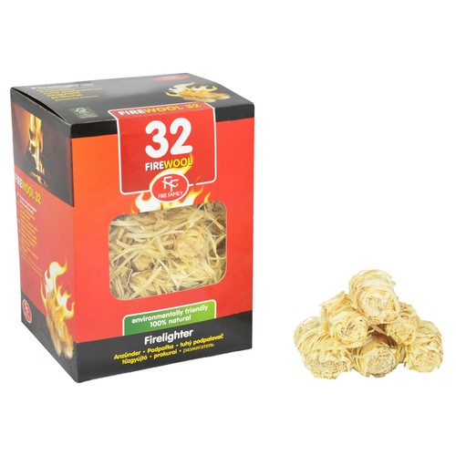 Caja de 32 rollos de lana de madera de encendido, FIRE FAMILY.