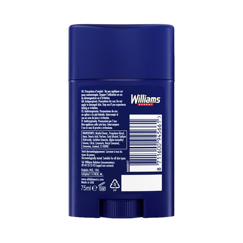 WILLIAMS Expert ice blue Desodorante en stick para hombre antitranspirante 48 horas 75 ml.