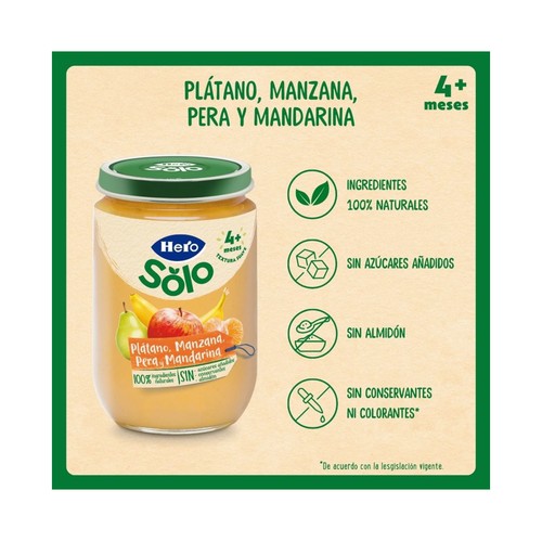 HERO Solo Tarrito de frutas de textura suave (plátano, manzana, pera y mandarina), a partir de 4 meses 190 g.