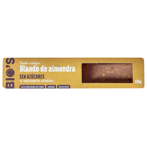 ARTIPA Bio´s Turrón ecoológico blando de almendra, sin azúcares ni edulcorantes añadidos 130 g.