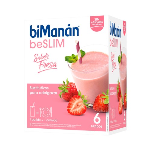 BIMANÁN Batido con sabor a fresa sin azúcares añadidos, sustitutivo de 1 comida BIMANÁN Be slim 6 uds.