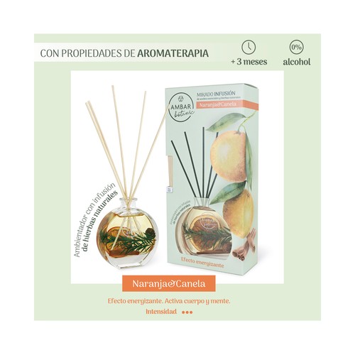 AMBAR Botanic Ambientador perfumador de varillas (Mikado), con aroma a naranja y canela 75 ml.