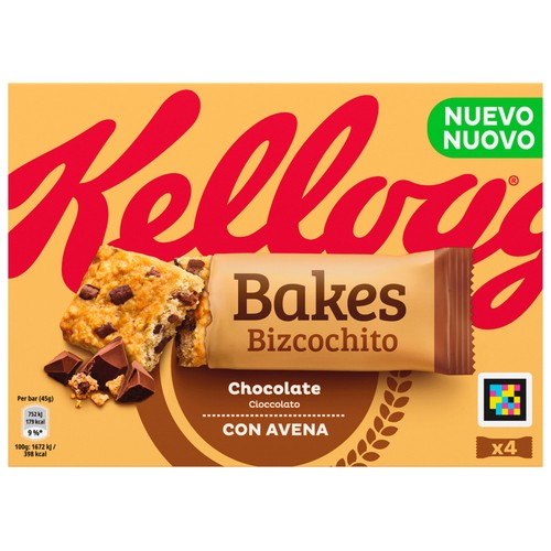 KELLOGG'S Barritas de trigo y avena, con pepitas de chocolate, vitaminas y hierro 4 x 45 g.