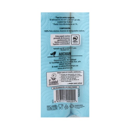 PRODUCTO ALCAMPO Papel de cocina compacto de doble capa con certificado Ecolabel 6 rollos
