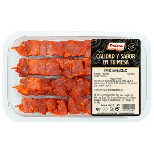 EMCESA Bandeja de pinchos de jamón de cerdo adobado (pinchos morunos) 4 x 80 g.