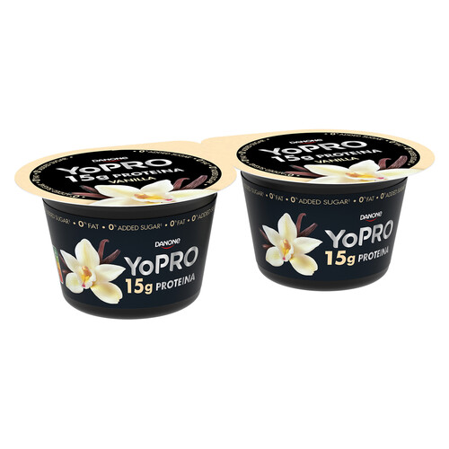 YOPRO Yogur con sabor a vainilla, proteínas y sin azúcares añadidos ni grasa de Danone 2 x 160 g.
