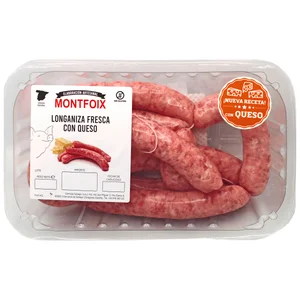 Bandeja con longanizas frescas de cerdo con queso, elaboradas sin gluten MONTFOIX