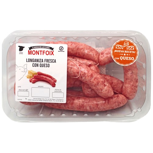 Bandeja con longanizas frescas de cerdo con queso, elaboradas sin gluten MONTFOIX
