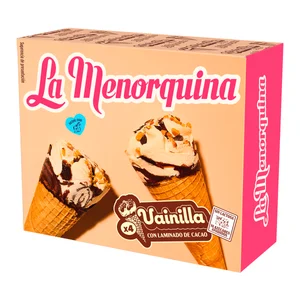 LA MENORQUINA Conos de helado de vainilla con laminado de chocolate, sin azúcares añadidos y sin lactosa 4 x 120 ml.