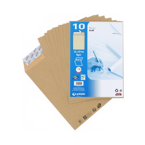 Paquete de 10 sobres de papel Kraft de tamaño 162 x 229 mm, peso de 90 g/m² y de color marrón GPV.