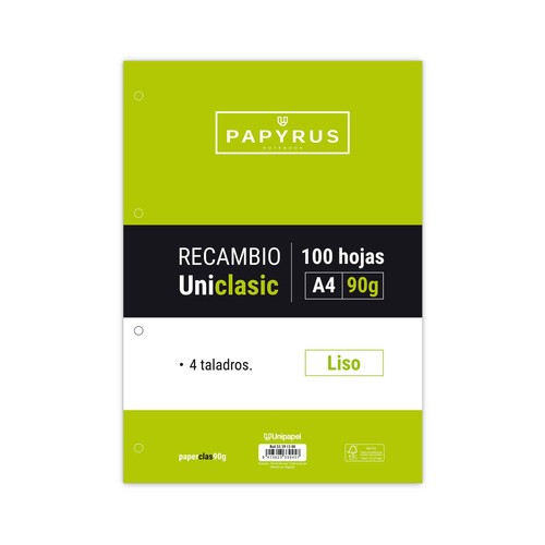 Recambio de 100 hojas tamaño A4, 4 taladros, 90gr, interior liso sin margen, UNIPAPEL.