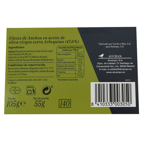 ALCAMPO GOURMET Filetes de anchoa en aceite de oliva virgen extra MSC (Pesca sostenible certificada) ALCAMPO GOURMET lata p.e 55 g.