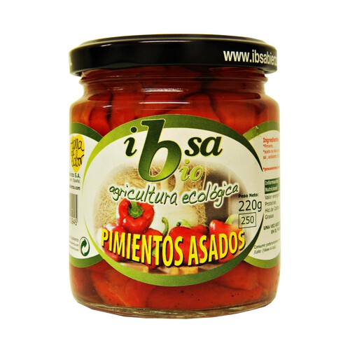 Pimientos asados ecológicos con aceite de oliva virgen extra IBSA, 220 g.