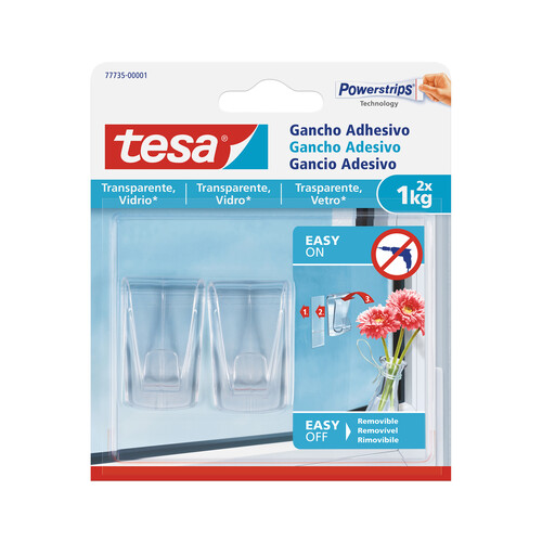 Gancho adhesivo para superficies transparentes y vidrio 1kg TESA