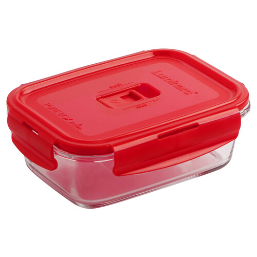 Recipiente hermético rectangular de vidrio templado y tapa color rojo, Pure Box Active, 0,82 litros, 13cm. LUMINARC.