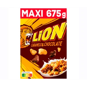 NESTLÉ LION Cereales de trigo tostados con chocolate y crema sabor a caramelo 675 g.