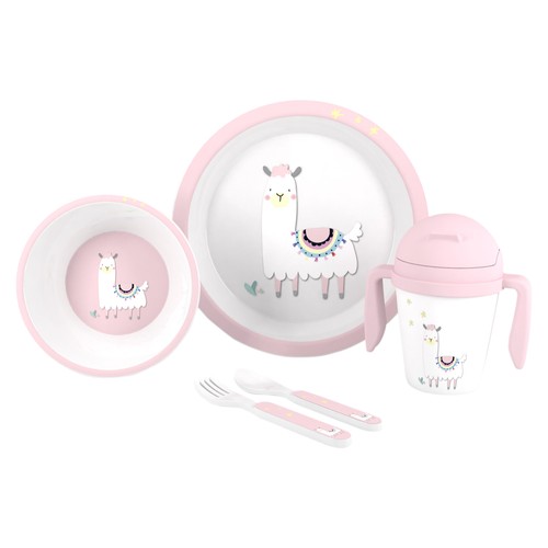 Vajilla de 5 piezas para bebé, apta para el microondas, INTERBABY Pink llama.