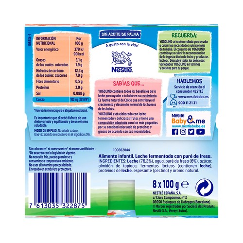 YOGOLINO Postre lácteo de fresa, adaptado para bebés partir de 8 meses YOGOLINO de Nestlé 8 x 100 g.