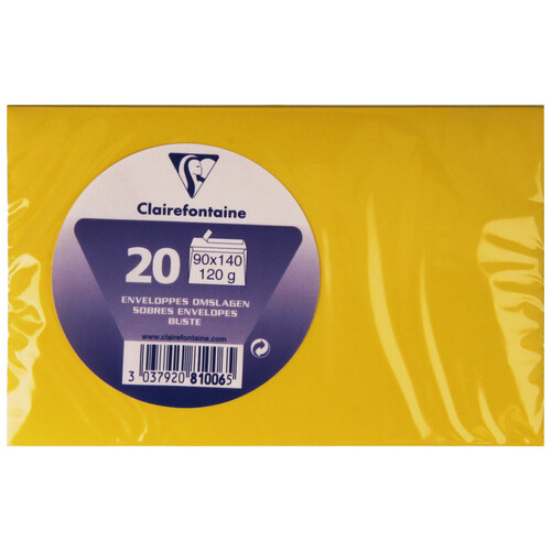 Paquete de 20 sobres de tamaño 90 x 140 mm, peso de 120 g y de color amarillo CLAIREFONTAINE.