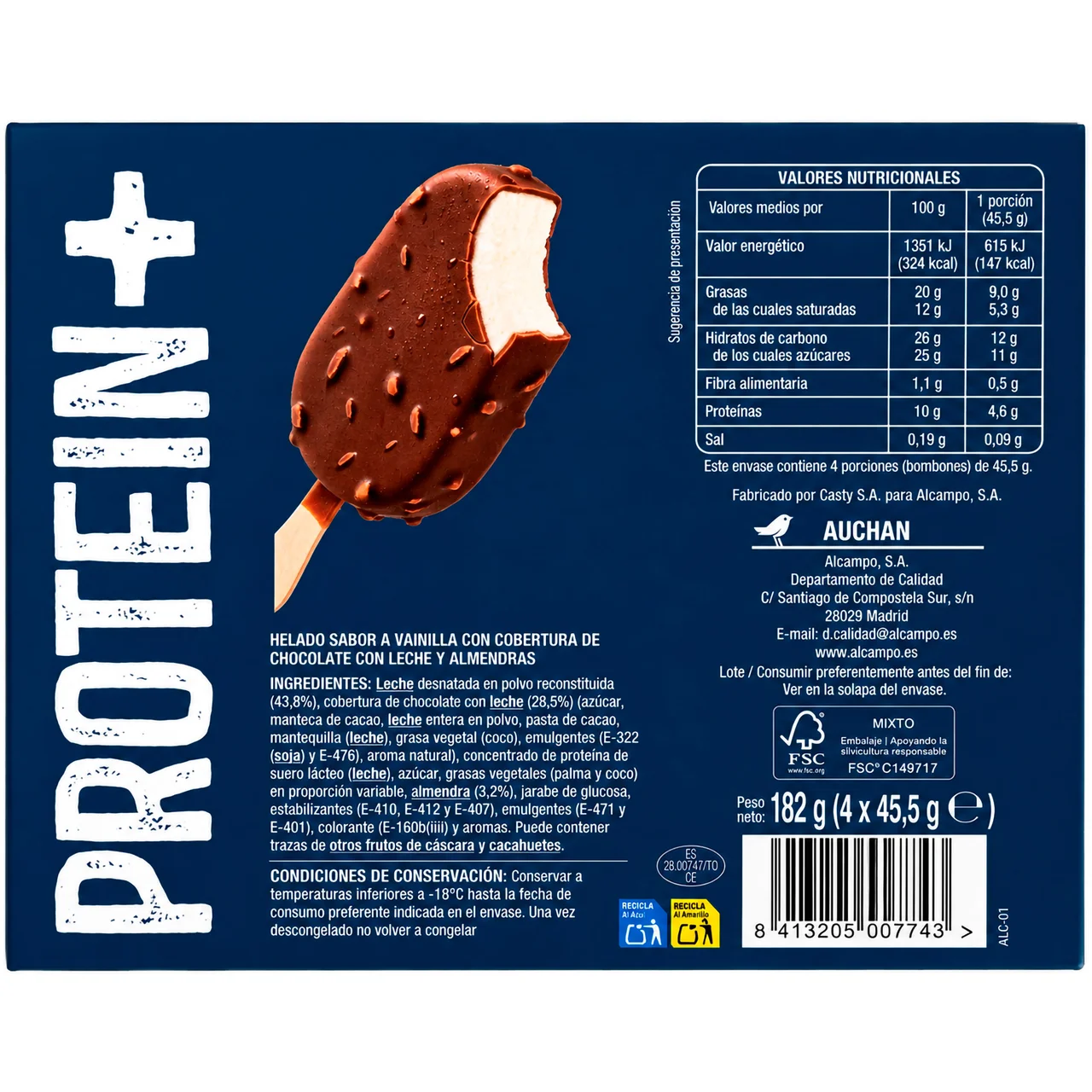 AUCHAN Helado mini bombón sabor a vainilla con cobertura de chocolate con leche y almendras 4 x 70 ml Producto Alcampo.