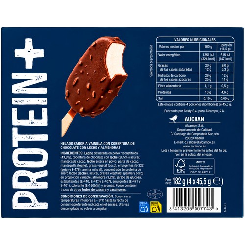 AUCHAN Helado mini bombón sabor a vainilla con cobertura de chocolate con leche y almendras 4 x 70 ml Producto Alcampo.