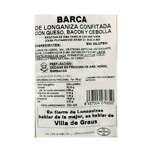 PUCHARCOS Barca de longaniza rellena 250 g.