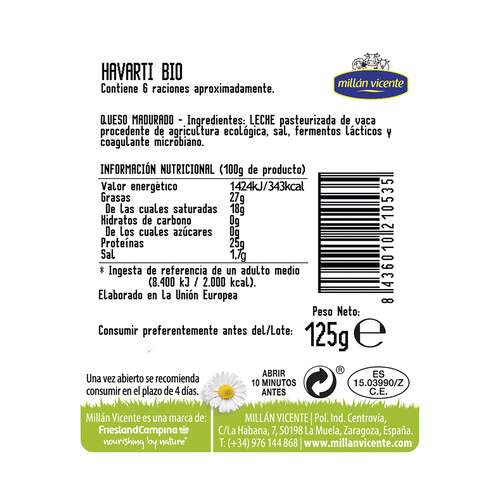 MILLÁN VICENTE Queso Havarti en lonchas ecológico MILLÁN VICENTE 125 g.