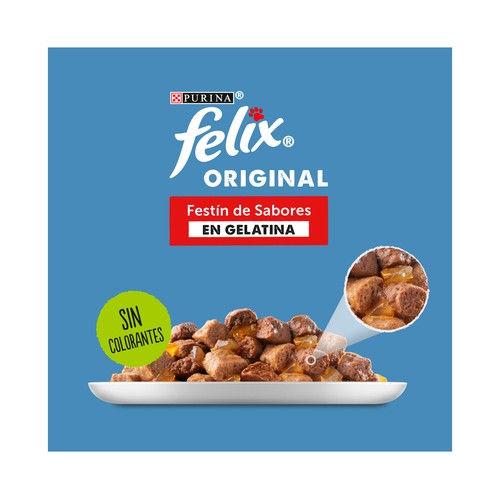 FELIX Alimento húmedo de gato bolsa selección pollo y buey gelatina 4 x 85 g.